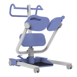 The Hoyer Up® Stand Aid, an assistive device for active transfers, featuring a padded split seat, ergonomic handlebars, and a sturdy wheeled base designed for users with partial weight-bearing ability.
